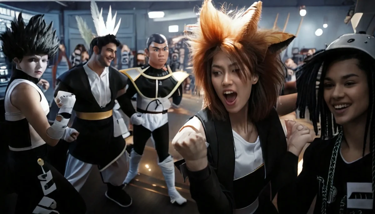 Groupe de fans en cosplay Super Saiyan lors d'un événement dédié aux collectionneurs, célébrant l'univers de Dragon Ball et ses figurines emblématiques.