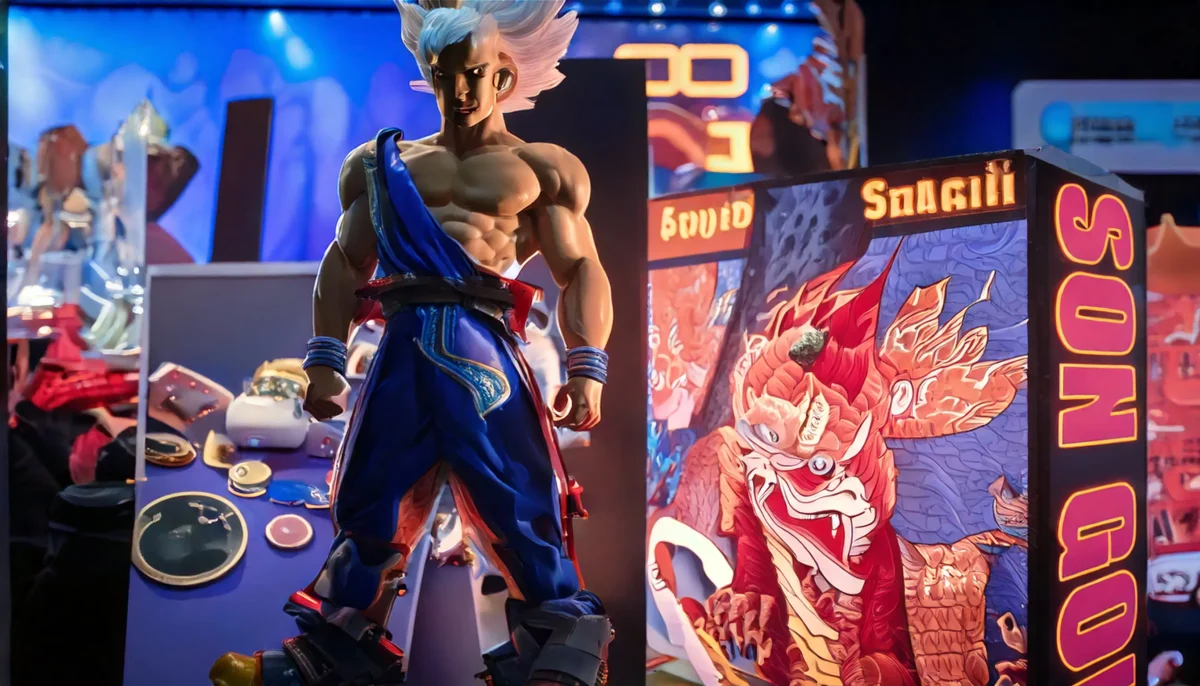 Exposition de figurines de collection Super Saiyan lors d'un événement dédié aux fans. Une imposante statue de guerrier en tenue bleue est mise en valeur, entourée de stands lumineux et d'affiches artistiques aux couleurs vives.