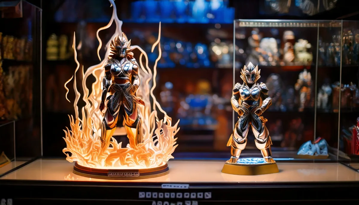 Figurines de collection inspirées des Super Saiyan exposées dans une vitrine, avec effets lumineux et détails métalliques, dans une ambiance de collectionneur.