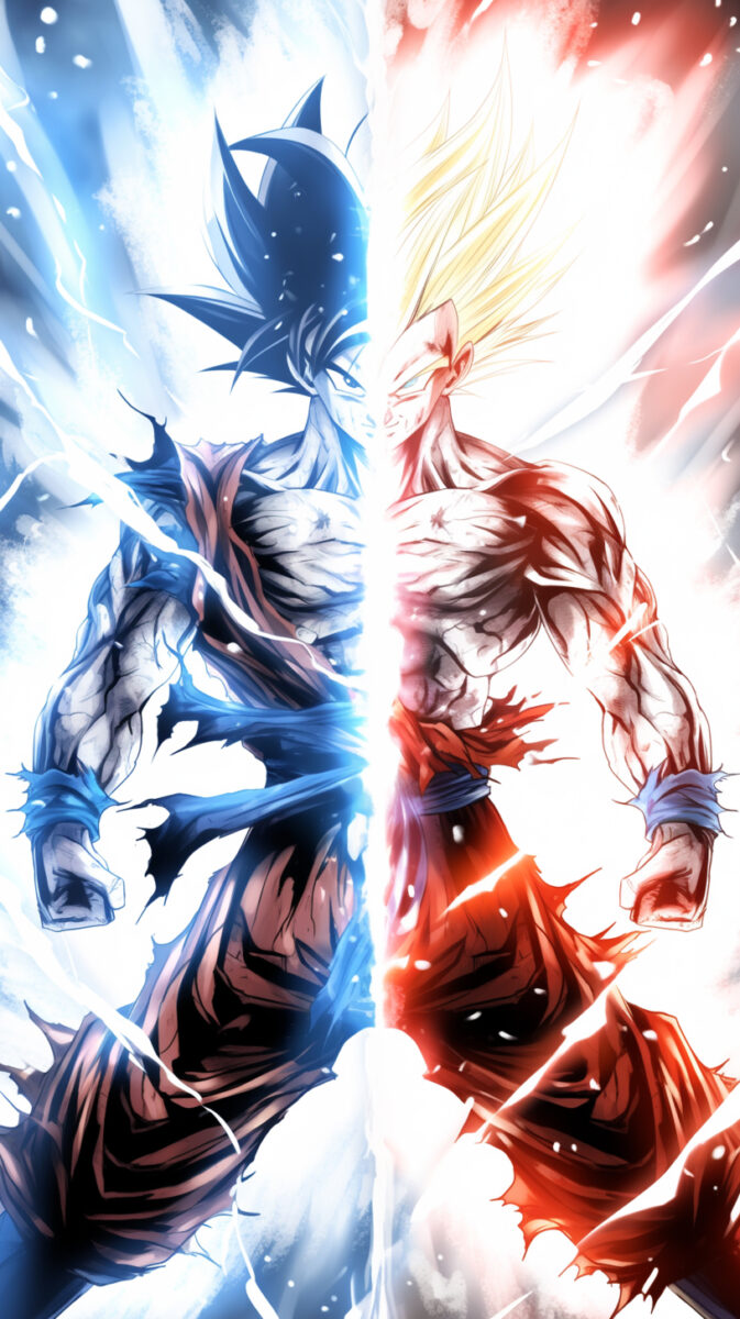 Illustration dynamique représentant un guerrier Super Saiyan en transformation, divisé en deux moitiés avec une énergie bleue et rouge, symbolisant l’évolution des figurines de collection des premières éditions aux modèles rares et détaillés.